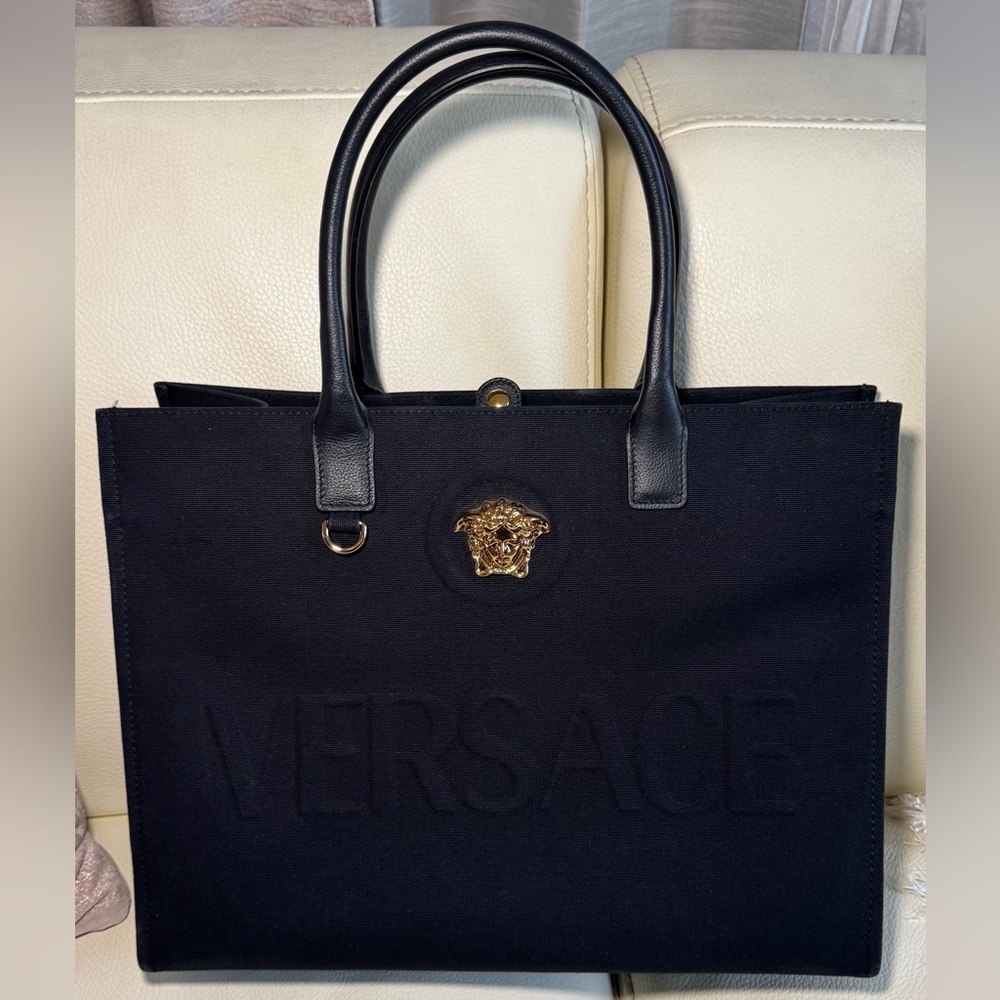 Versace Black Canvas Tote with Gold Medusa
